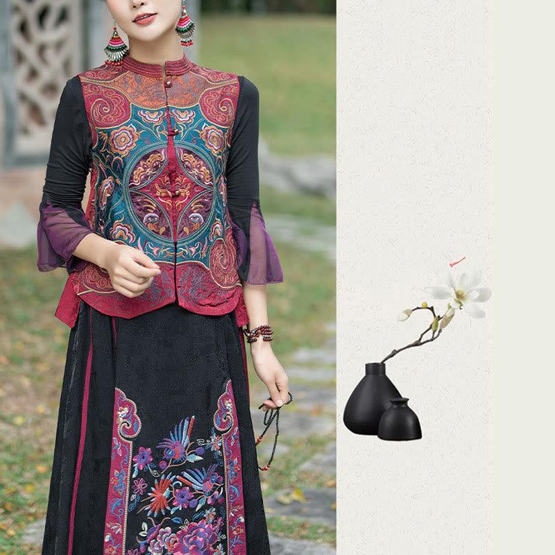 Buddha Stones w stylu vintage haftowane kwiaty Tang Suit Design bezrękawnik - image 27