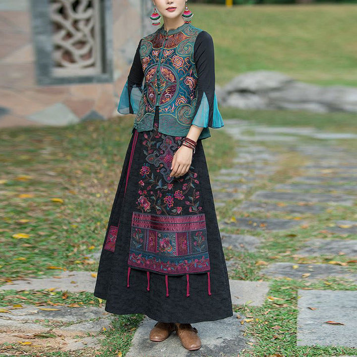 Buddha Stones w stylu vintage haftowane kwiaty Tang Suit Design bezrękawnik - image 2