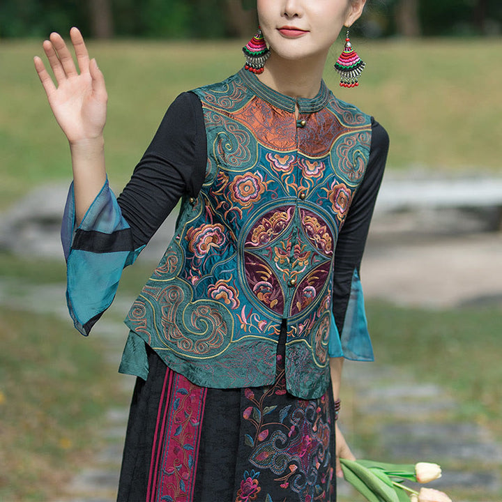 Buddha Stones w stylu vintage haftowane kwiaty Tang Suit Design bezrękawnik - image 1