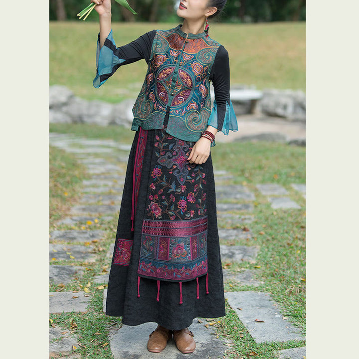 Buddha Stones w stylu vintage haftowane kwiaty Tang Suit Design bezrękawnik - image 3