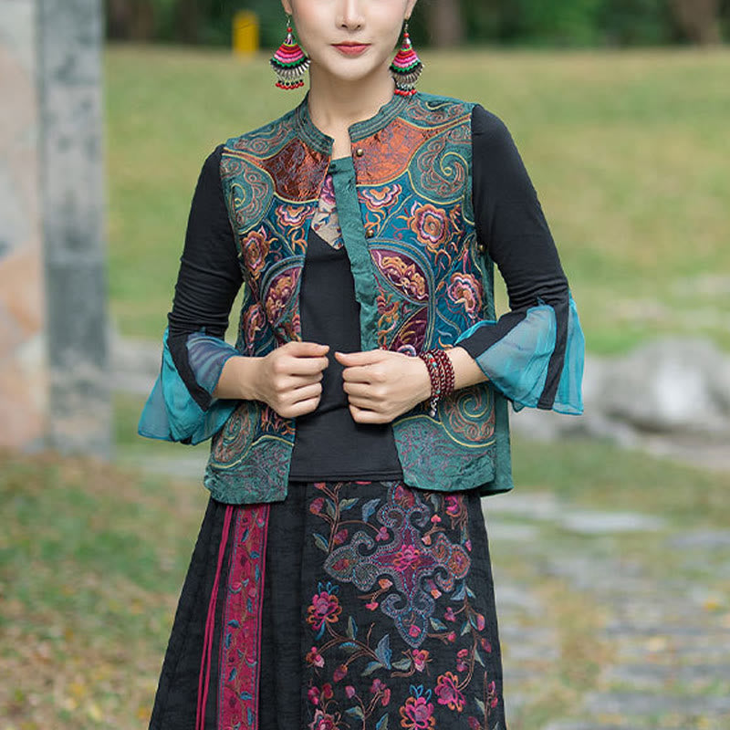 Buddha Stones w stylu vintage haftowane kwiaty Tang Suit Design bezrękawnik - Zielony (tylko kamizelka) - 2XL(biust 100 cm/ramiona 40 cm/długość 59 cm) - image 0