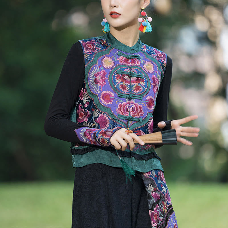 Buddha Stones -Guzik Haft Kwiaty Bawełna Len Tang Suit Design Bezrękawnik - US8-10，UK/AU12-14，EU40-42 (2XL)- (tylko kamizelka) - image 0