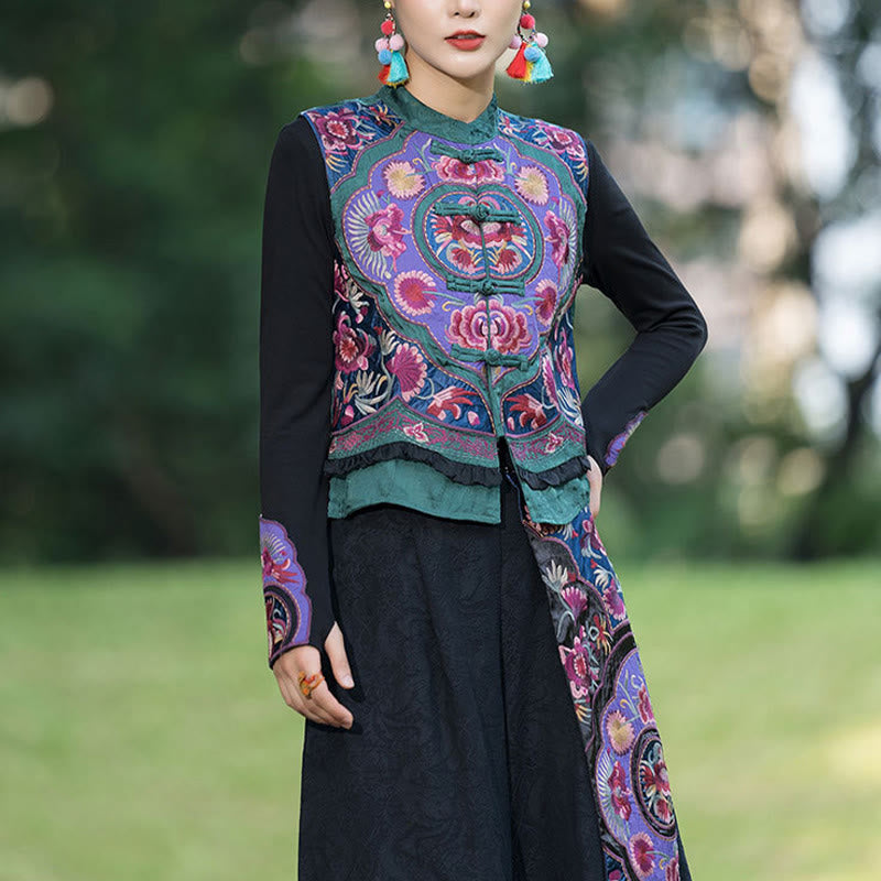 Buddha Stones -Guzik Haft Kwiaty Bawełna Len Tang Suit Design Bezrękawnik - image 3