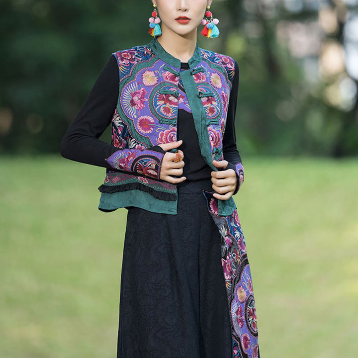 Buddha Stones -Guzik Haft Kwiaty Bawełna Len Tang Suit Design Bezrękawnik - image 2