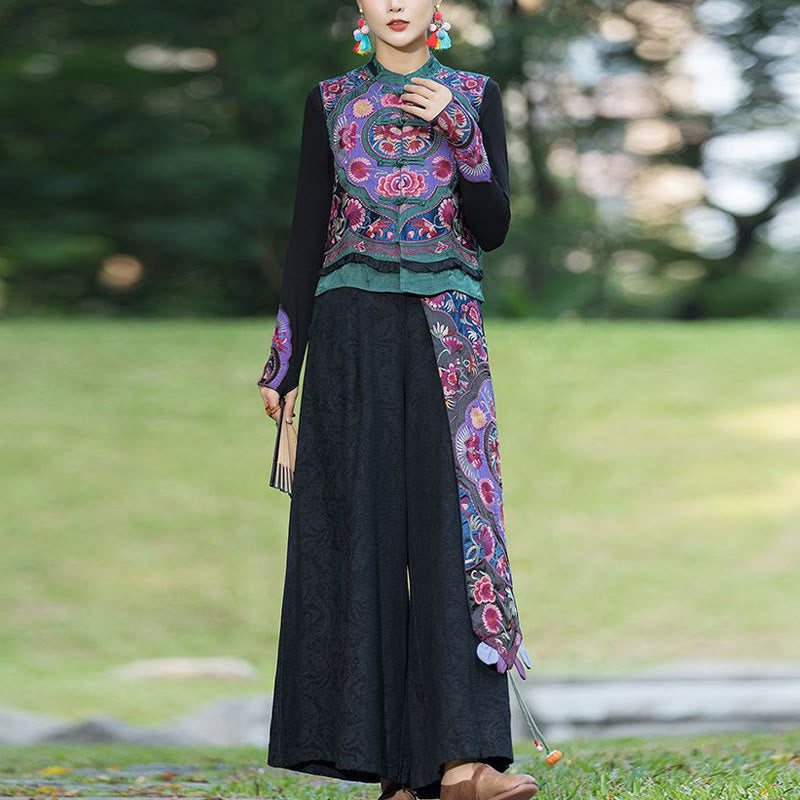 Buddha Stones -Guzik Haft Kwiaty Bawełna Len Tang Suit Design Bezrękawnik - image 5