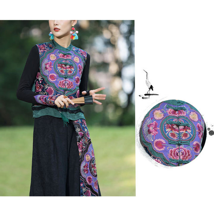 Buddha Stones -Guzik Haft Kwiaty Bawełna Len Tang Suit Design Bezrękawnik - image 9