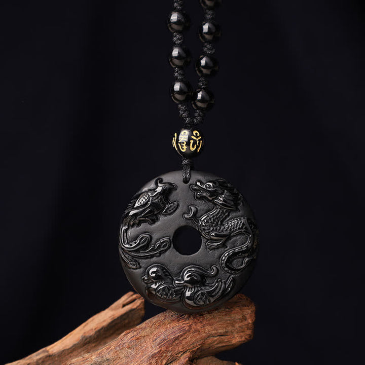 Buddha Stones Czarny Obsydian Smok Feniks Mandarynka Kaczka Szczęście Ochrona Naszyjnik Wisiorek