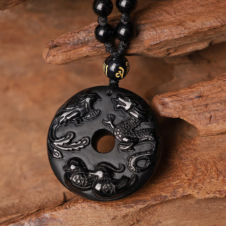 Buddha Stones Czarny Obsydian Smok Feniks Mandarynka Kaczka Szczęście Ochrona Naszyjnik Wisiorek
