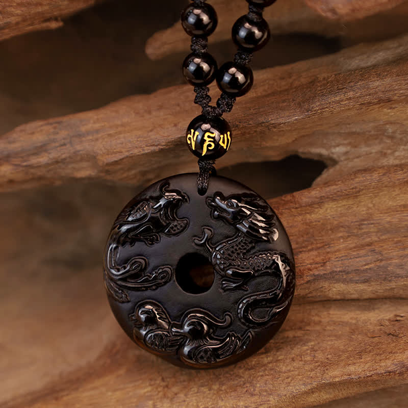 Buddha Stones Czarny Obsydian Smok Feniks Mandarynka Kaczka Szczęście Ochrona Naszyjnik Wisiorek