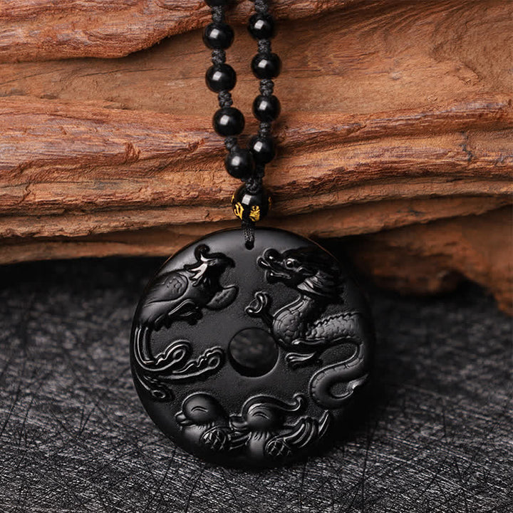 Buddha Stones Czarny Obsydian Smok Feniks Mandarynka Kaczka Szczęście Ochrona Naszyjnik Wisiorek