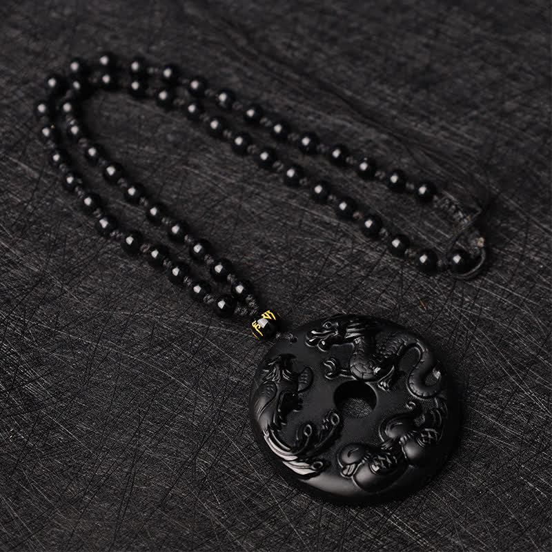 Buddha Stones Czarny Obsydian Smok Feniks Mandarynka Kaczka Szczęście Ochrona Naszyjnik Wisiorek