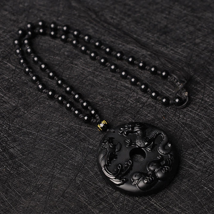 Buddha Stones Czarny Obsydian Smok Feniks Mandarynka Kaczka Szczęście Ochrona Naszyjnik Wisiorek