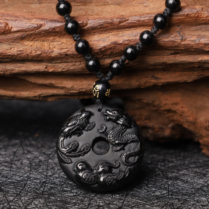 Buddha Stones Czarny Obsydian Smok Feniks Mandarynka Kaczka Szczęście Ochrona Naszyjnik Wisiorek