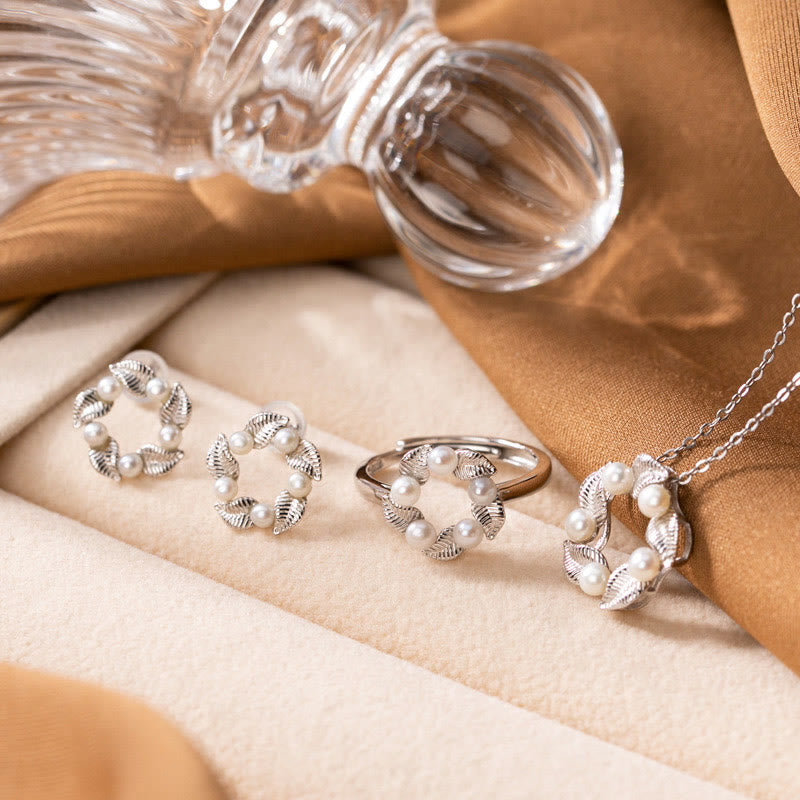 Buddha Stones 925 Srebro Sterling Perła Liść Projekt Uzdrawiający Mądrość Naszyjnik Wisiorek Pierścień Kolczyki Zestaw - 3 sztuki (naszyjnik, kolczyki i pierścionek) - image 0