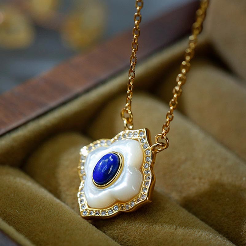 Buddha Stones 925 Srebro Sterlingowe Kamień Tridacna Lazuryt Pryzmatyczny Projekt Błogosławieństwo Kolczyki Naszyjnik Wisiorek Zestaw Biżuterii - Naszyjnik - image 1