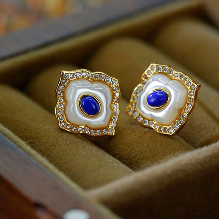 Buddha Stones 925 Srebro Sterlingowe Kamień Tridacna Lazuryt Pryzmatyczny Projekt Błogosławieństwo Kolczyki Naszyjnik Wisiorek Zestaw Biżuterii - Kolczyki - image 6