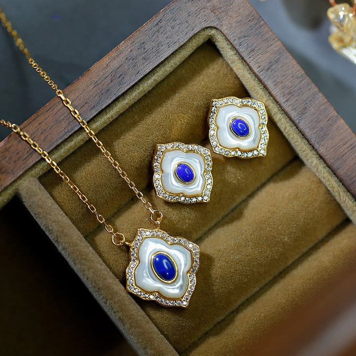 Buddha Stones 925 Srebro Sterlingowe Kamień Tridacna Lazuryt Pryzmatyczny Projekt Błogosławieństwo Kolczyki Naszyjnik Wisiorek Zestaw Biżuterii - 2 sztuki (naszyjnik i kolczyki) - image 0