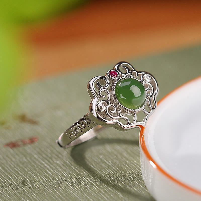 Kolczyki z Buddha Stones 925 Sterling Silver Natural Hetian Cyan Jade Hollow Design Luck Ring