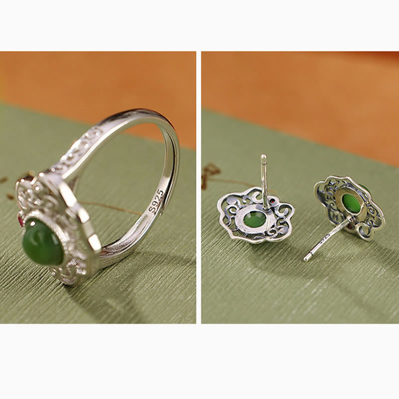 Kolczyki z Buddha Stones 925 Sterling Silver Natural Hetian Cyan Jade Hollow Design Luck Ring