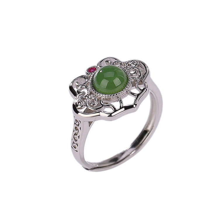 Kolczyki z Buddha Stones 925 Sterling Silver Natural Hetian Cyan Jade Hollow Design Luck Ring