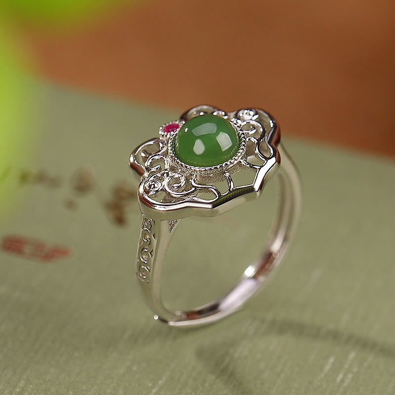 Kolczyki z Buddha Stones 925 Sterling Silver Natural Hetian Cyan Jade Hollow Design Luck Ring