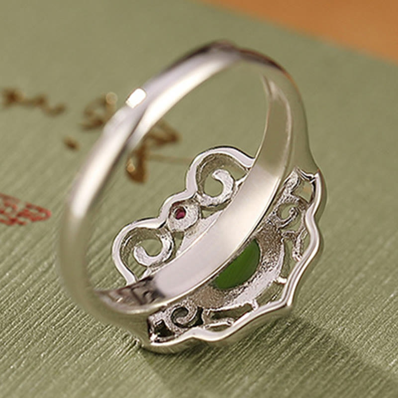 Kolczyki z Buddha Stones 925 Sterling Silver Natural Hetian Cyan Jade Hollow Design Luck Ring