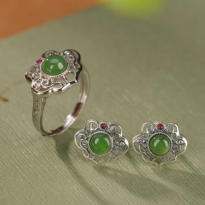 Kolczyki z Buddha Stones 925 Sterling Silver Natural Hetian Cyan Jade Hollow Design Luck Ring