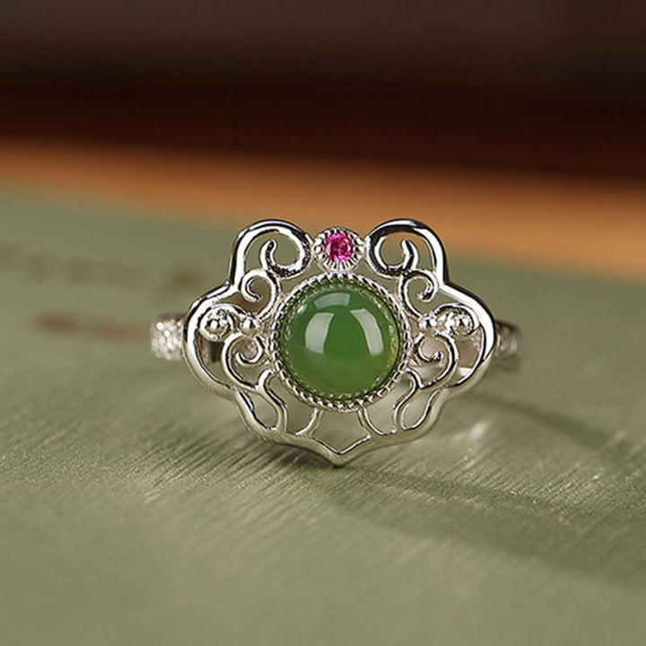 Kolczyki z Buddha Stones 925 Sterling Silver Natural Hetian Cyan Jade Hollow Design Luck Ring