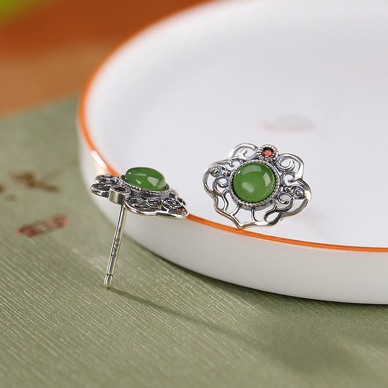 Kolczyki z Buddha Stones 925 Sterling Silver Natural Hetian Cyan Jade Hollow Design Luck Ring
