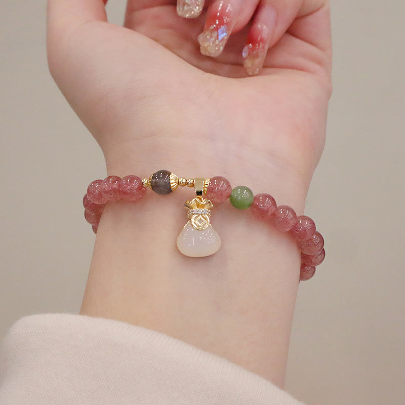 Buddha Stones Naturalny Kwarc Truskawkowy Jadeit Spokój Klamra Portmonetka Uzdrawiająca Bransoletka