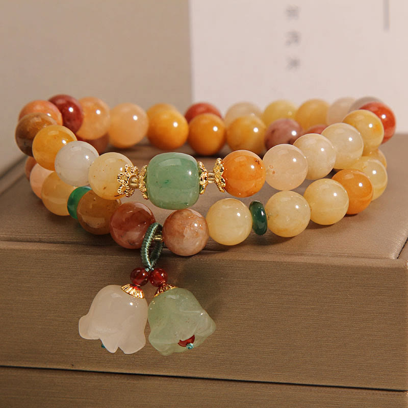 Buddha Stones Tybet Naturalny Złoty Jedwab Jadeit Podwójna Warstwa Dzwonka Orchidea Bransoletka Szczęścia