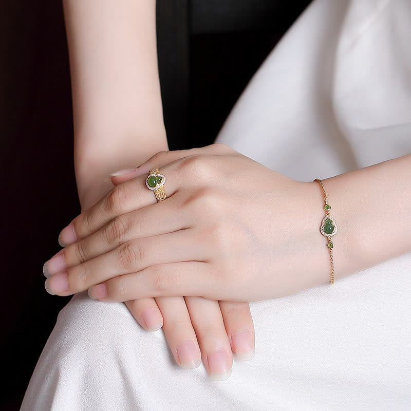 Buddha Stones 925 Srebro Sterlingowe Pozłacane Naturalne Hetian Cyan Jade Gourd Bransoletka Pierścień Szczęścia Zestaw - image 2