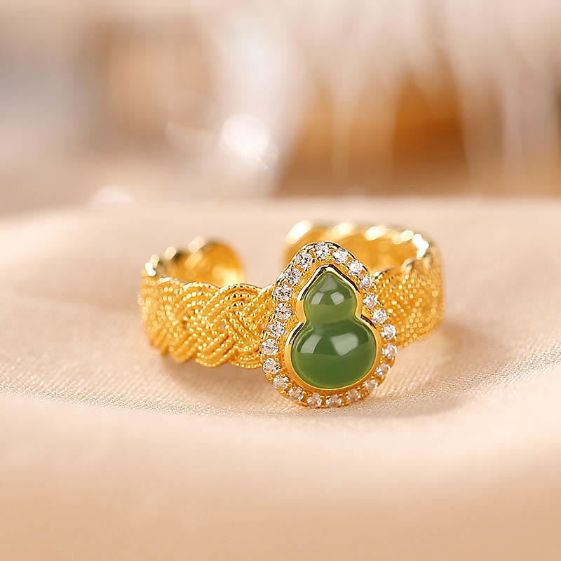 Buddha Stones 925 Srebro Sterlingowe Pozłacane Naturalne Hetian Cyan Jade Gourd Bransoletka Pierścień Szczęścia Zestaw - Srebro próby 925 platerowane złotem - Pierścień (obwód wewnętrzny 54-60 mm regulowany) - image 3