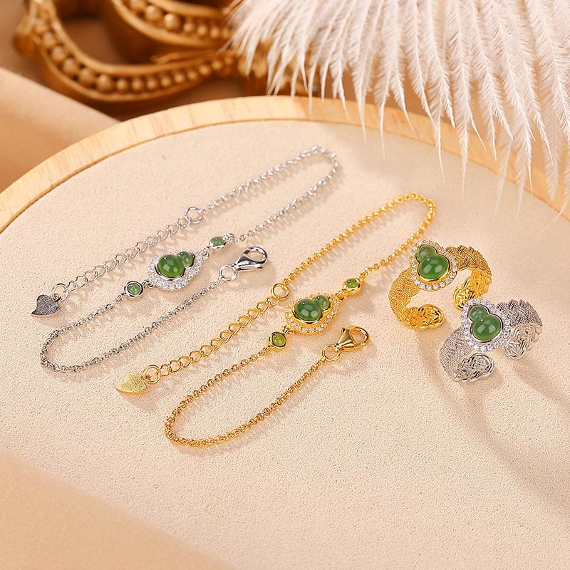 Buddha Stones 925 Srebro Sterlingowe Pozłacane Naturalne Hetian Cyan Jade Gourd Bransoletka Pierścień Szczęścia Zestaw - image 1