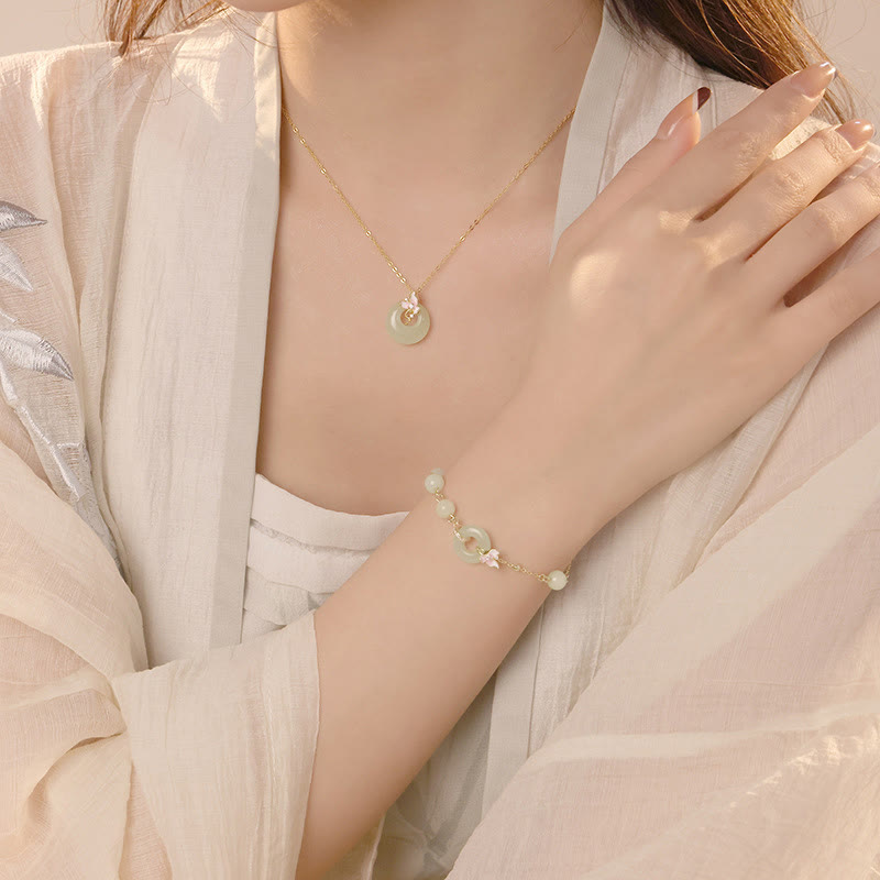 Buddha Stones 925 Srebro Sterling Naturalny Hetian Jade Peace Buckle Orchidea Szczęście Bransoletka Naszyjnik Wisiorek Zestaw