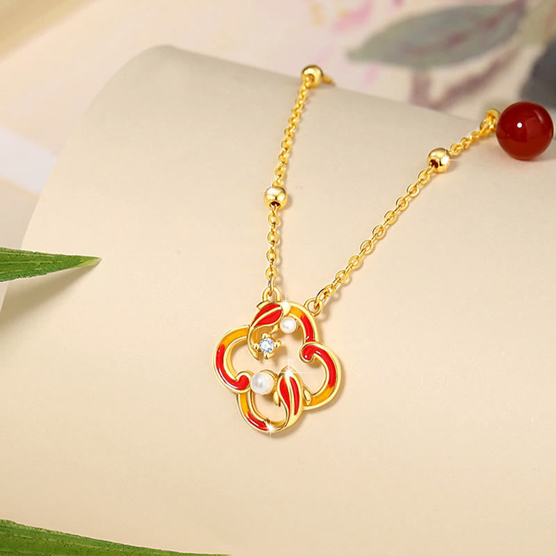 Buddha Stones 925 Srebro Sterling Czterolistna Koniczyna Ryba Koi Czerwony Agat Perła Bogactwo Bransoletka Naszyjnik Wisiorek Kolczyki Zestaw