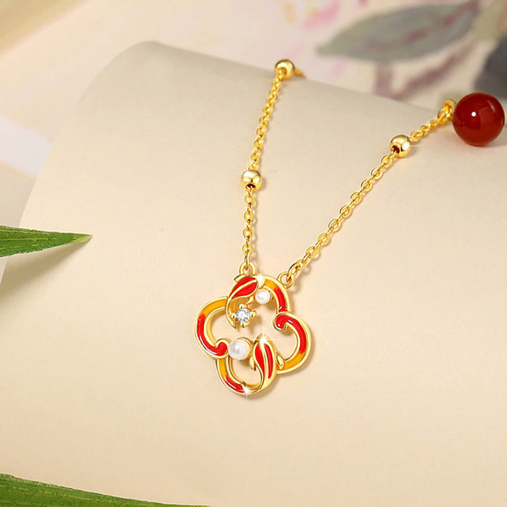 Buddha Stones 925 Srebro Sterling Czterolistna Koniczyna Ryba Koi Czerwony Agat Perła Bogactwo Bransoletka Naszyjnik Wisiorek Kolczyki Zestaw