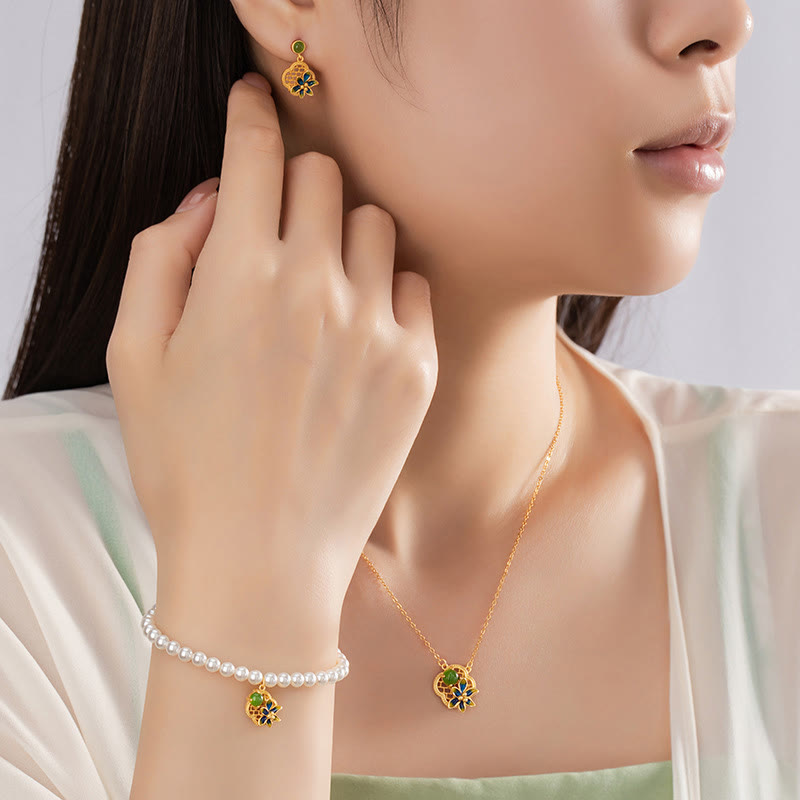 Buddha Stones 925 Srebro Sterling Czterolistna Koniczyna Kwiat Hetian Cyan Jade Perła Uzdrawiający Naszyjnik Wisiorek Bransoletka Kolczyki Zestaw