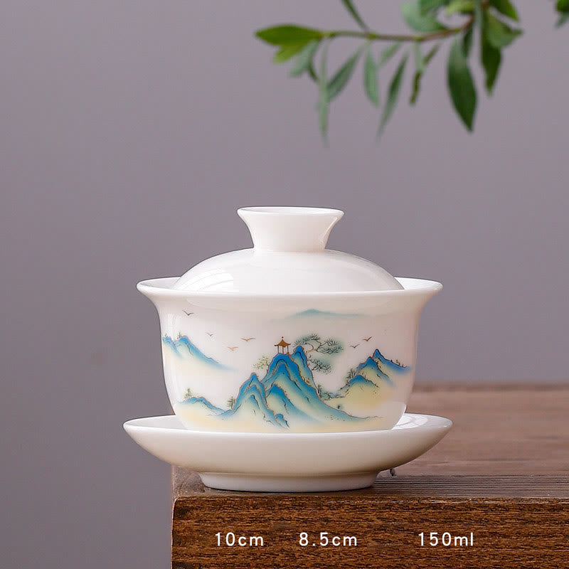 Buddha Stones Biała Porcelana Górski Krajobraz Wiejski Ceramiczny Gaiwan Filiżanka Kung Fu Filiżanka Do Herbaty I Spodek Z Pokrywką
