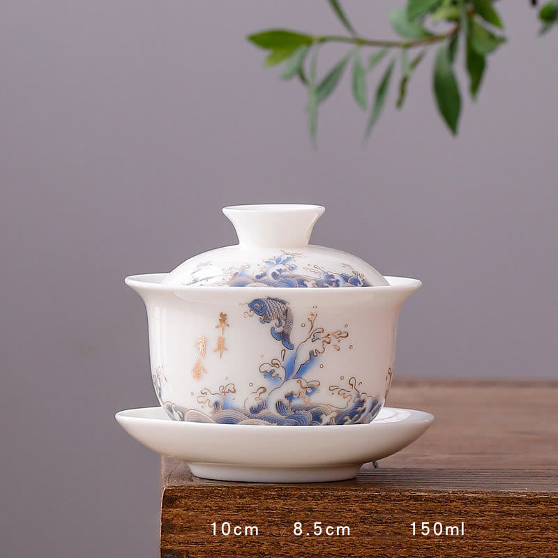Buddha Stones Biała Porcelana Górski Krajobraz Wiejski Ceramiczny Gaiwan Filiżanka Kung Fu Filiżanka Do Herbaty I Spodek Z Pokrywką