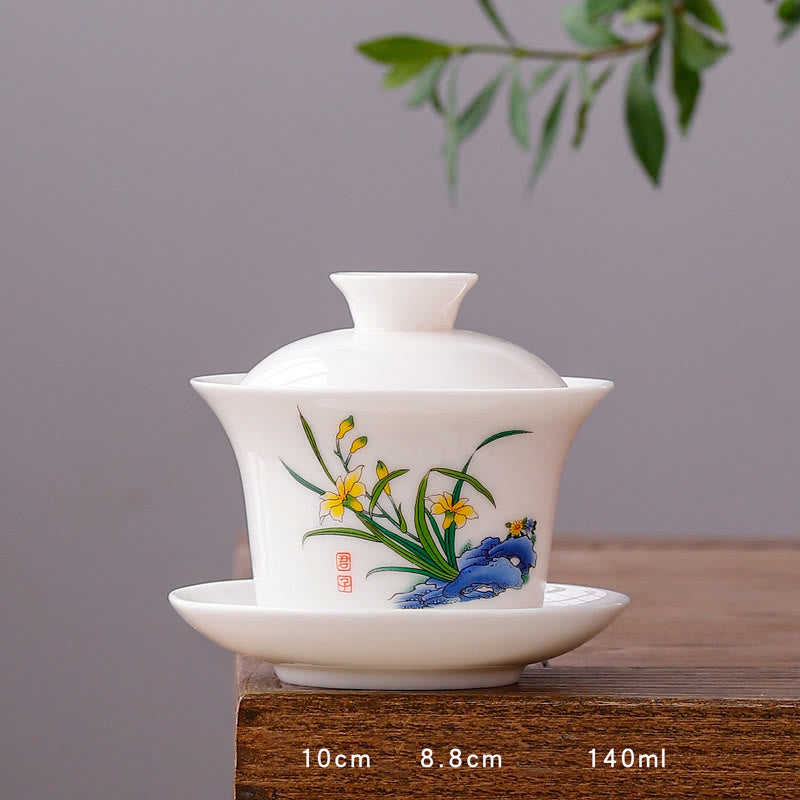 Buddha Stones Biała Porcelana Górski Krajobraz Wiejski Ceramiczny Gaiwan Filiżanka Kung Fu Filiżanka Do Herbaty I Spodek Z Pokrywką
