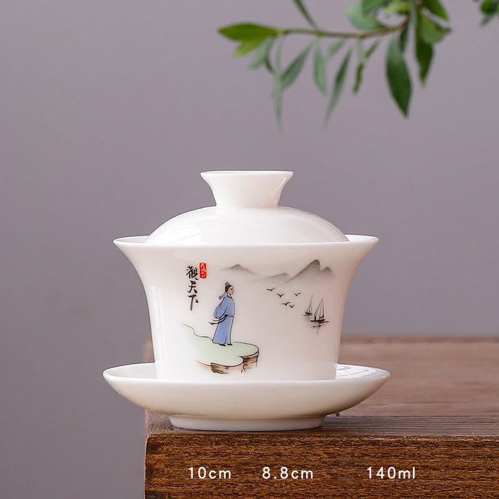 Buddha Stones Biała Porcelana Górski Krajobraz Wiejski Ceramiczny Gaiwan Filiżanka Kung Fu Filiżanka Do Herbaty I Spodek Z Pokrywką