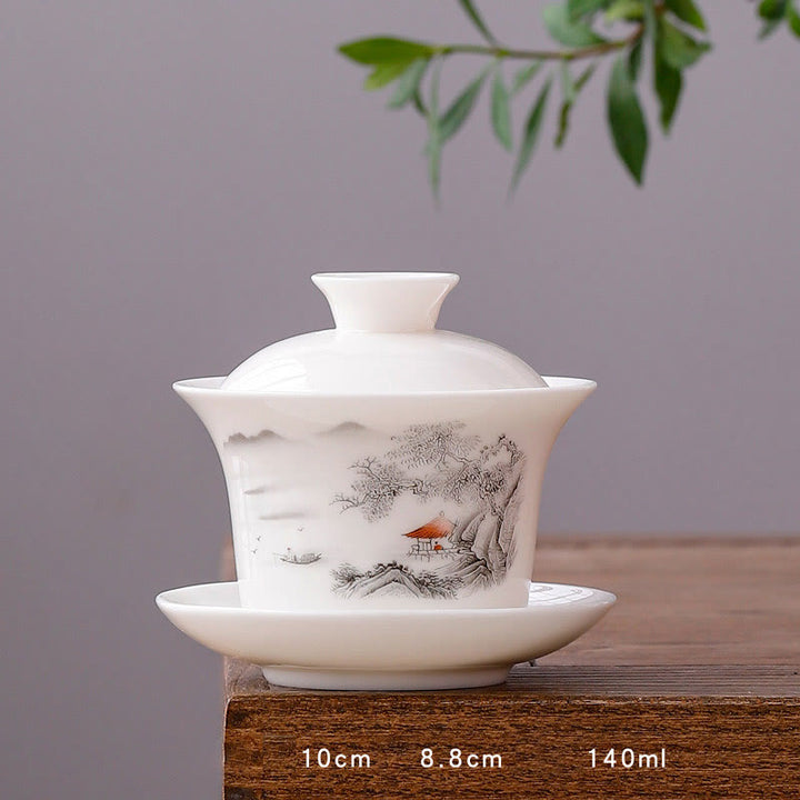 Buddha Stones Biała Porcelana Górski Krajobraz Wiejski Ceramiczny Gaiwan Filiżanka Kung Fu Filiżanka Do Herbaty I Spodek Z Pokrywką