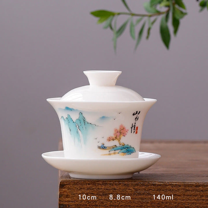 Buddha Stones Biała Porcelana Górski Krajobraz Wiejski Ceramiczny Gaiwan Filiżanka Kung Fu Filiżanka Do Herbaty I Spodek Z Pokrywką