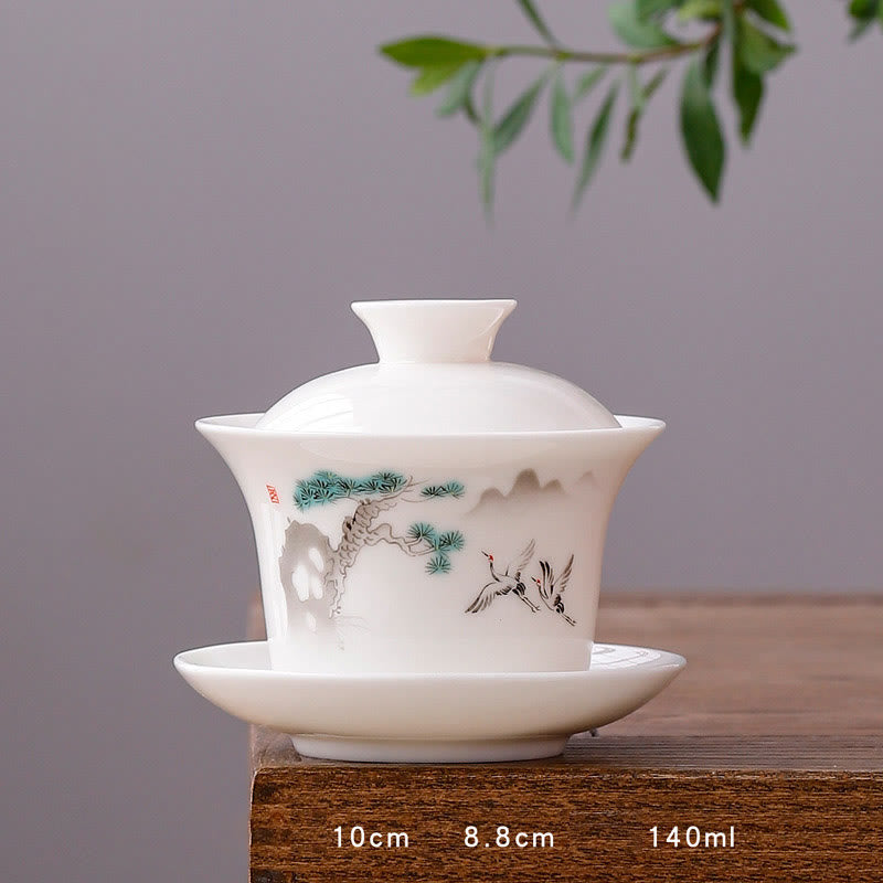 Buddha Stones Biała Porcelana Górski Krajobraz Wiejski Ceramiczny Gaiwan Filiżanka Kung Fu Filiżanka Do Herbaty I Spodek Z Pokrywką