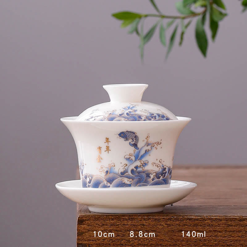 Buddha Stones Biała Porcelana Górski Krajobraz Wiejski Ceramiczny Gaiwan Filiżanka Kung Fu Filiżanka Do Herbaty I Spodek Z Pokrywką