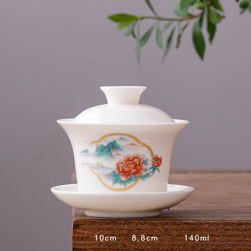Buddha Stones Biała Porcelana Górski Krajobraz Wiejski Ceramiczny Gaiwan Filiżanka Kung Fu Filiżanka Do Herbaty I Spodek Z Pokrywką