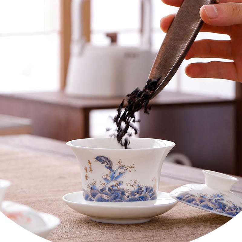 Buddha Stones Biała Porcelana Górski Krajobraz Wiejski Ceramiczny Gaiwan Filiżanka Kung Fu Filiżanka Do Herbaty I Spodek Z Pokrywką