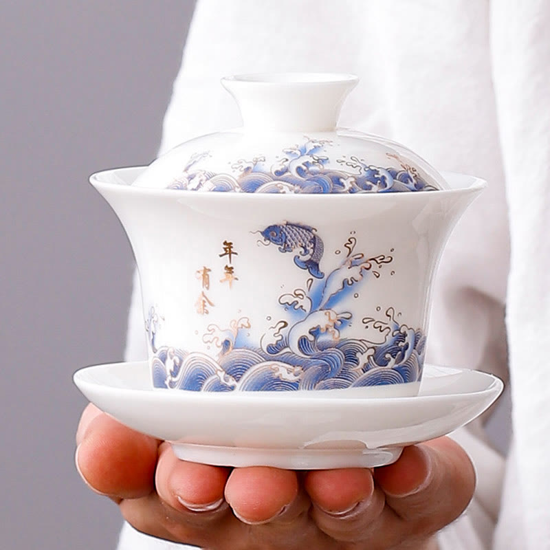 Buddha Stones Biała Porcelana Górski Krajobraz Wiejski Ceramiczny Gaiwan Filiżanka Kung Fu Filiżanka Do Herbaty I Spodek Z Pokrywką