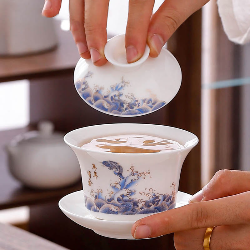 Buddha Stones Biała Porcelana Górski Krajobraz Wiejski Ceramiczny Gaiwan Filiżanka Kung Fu Filiżanka Do Herbaty I Spodek Z Pokrywką